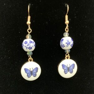 Elegant Blue Butterfly ceramic & crystal Earrings NWOT